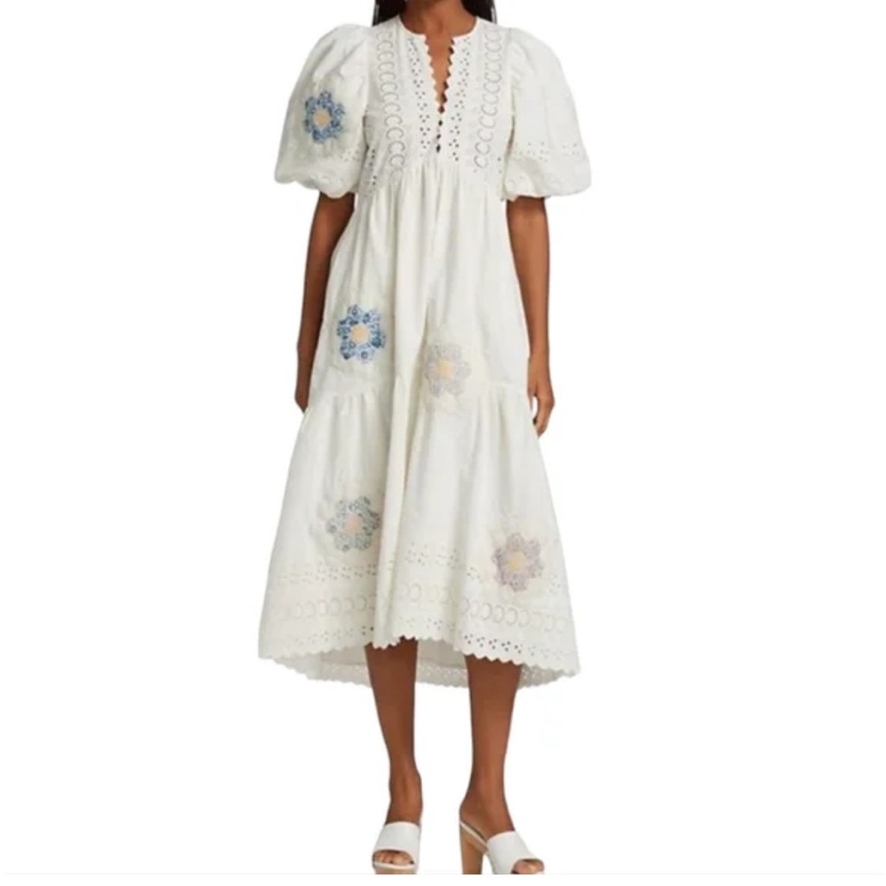 Sea New York Eyelet Patch Puff Sleeve Midi Dress